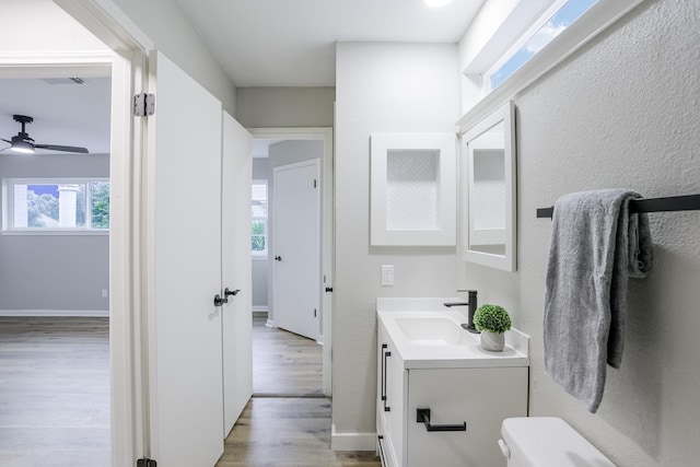 10260 Field Stone Dr, Houston, TX 77041 - bathroom featuring vanity, wood finished floors, a ceiling fan, and healthy amount of natural light