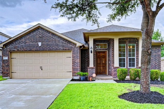 5311 Persimmon Pass, Richmond, TX 77407 - ranch-style house featuring brick siding, a garage, a front yard, a shingled roof, and concrete driveway