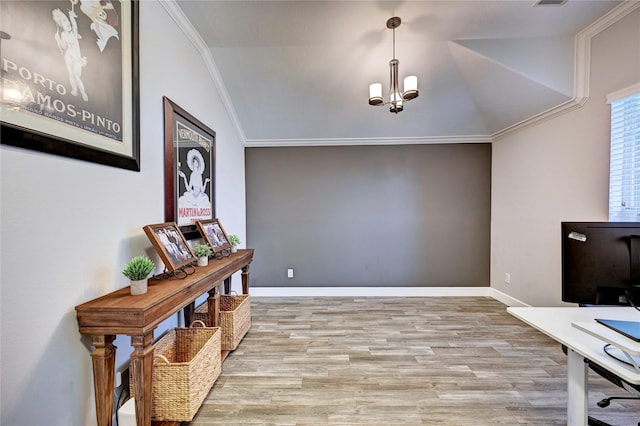 5311 Persimmon Pass, Richmond, TX 77407 - home office with vaulted ceiling, wood finished floors, crown molding, and a chandelier
