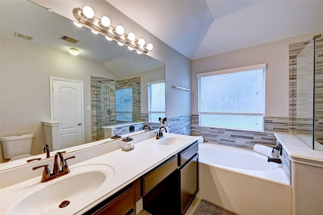 5311 Persimmon Pass, Richmond, TX 77407 - full bath with a garden tub, a shower stall, vaulted ceiling, and double vanity