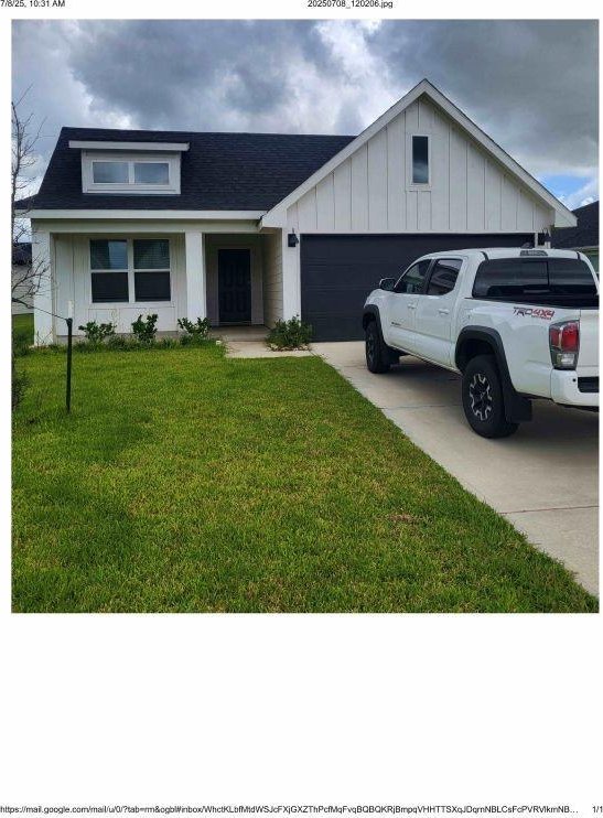3914 Beltingham Bend Way, Fulshear, TX 77441 - view of front of home featuring driveway, a garage, a front lawn, board and batten siding, and roof with shingles