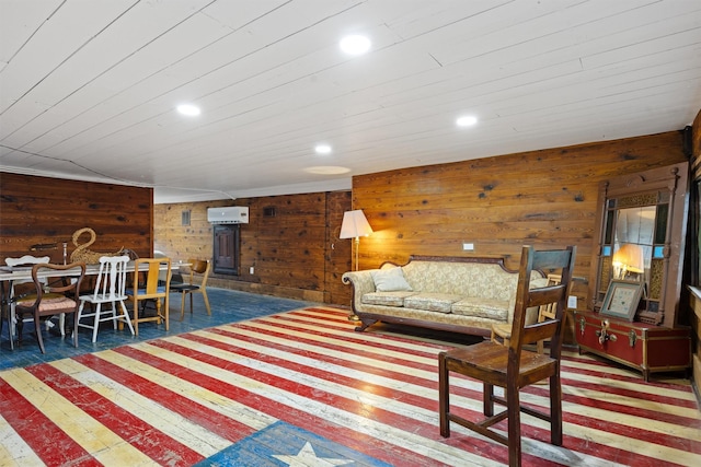 501 Branch St, Taylor, TX 76574 - living area featuring wooden walls, recessed lighting, a wall mounted air conditioner, and wood ceiling