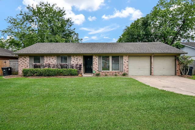5815 Dryad Dr, Houston, TX 77035 - ranch-style home with brick siding, a garage, concrete driveway, a front lawn, and a shingled roof