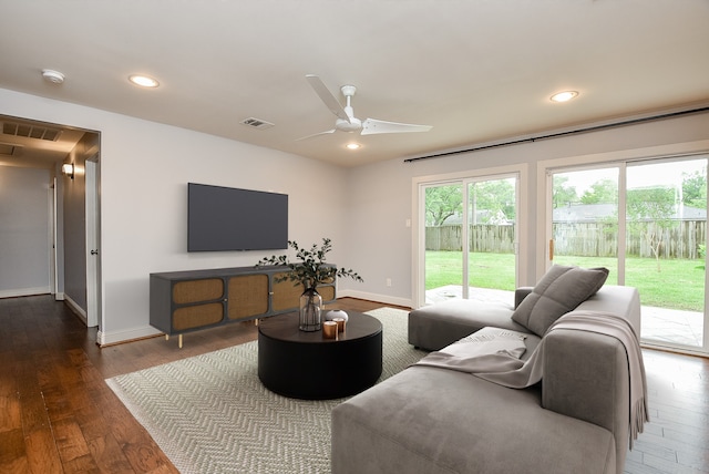 5815 Dryad Dr, Houston, TX 77035 - living room featuring a ceiling fan, dark wood finished floors, and recessed lighting