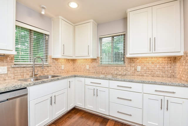 5815 Dryad Dr, Houston, TX 77035 - kitchen featuring dishwasher, white cabinets, wood finished floors, and recessed lighting