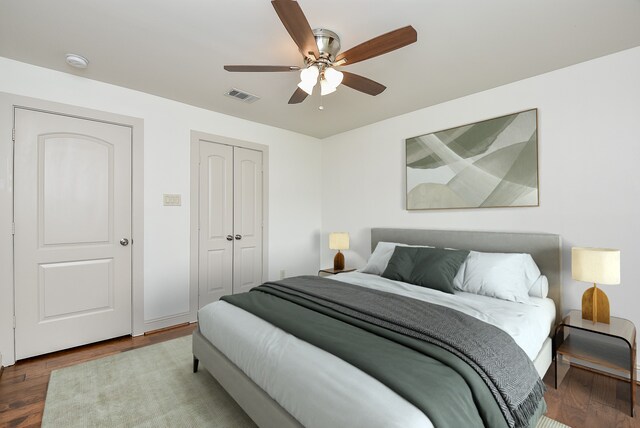 5815 Dryad Dr, Houston, TX 77035 - bedroom featuring wood finished floors, a closet, and ceiling fan