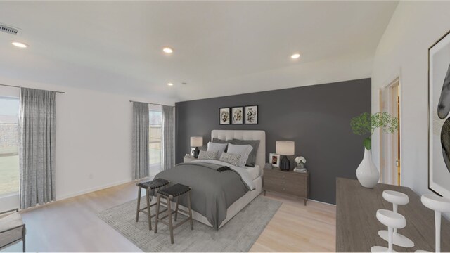 5214 Lake Trout Ln, Baytown, TX 77521 - bedroom with multiple windows, light wood-type flooring, and recessed lighting