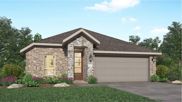5214 Lake Trout Ln, Baytown, TX 77521 - view of front of property with an attached garage, brick siding, driveway, a shingled roof, and stone siding