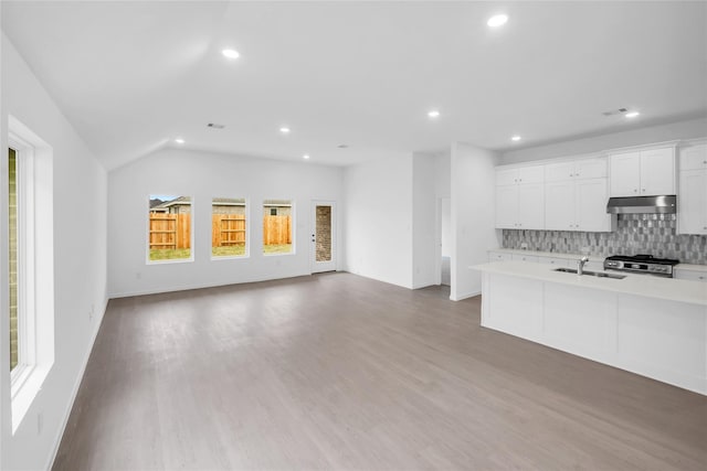 5214 Lake Trout Ln, Baytown, TX 77521 - kitchen with under cabinet range hood, range, light countertops, recessed lighting, and tasteful backsplash