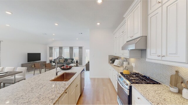 5214 Lake Trout Ln, Baytown, TX 77521 - kitchen featuring appliances with stainless steel finishes, under cabinet range hood, tasteful backsplash, light wood finished floors, and light stone counters