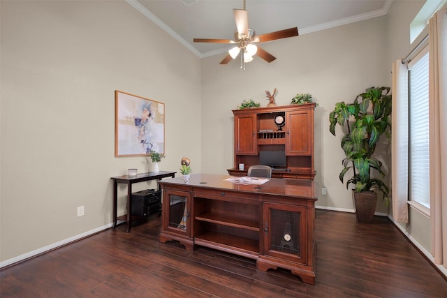 7518 Tejas Lakes Trl, Needville, TX 77461 - office space featuring a ceiling fan, dark wood-style floors, plenty of natural light, and ornamental molding