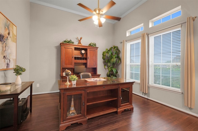 7518 Tejas Lakes Trl, Needville, TX 77461 - office area featuring crown molding, a ceiling fan, and dark wood finished floors