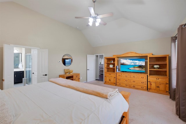7518 Tejas Lakes Trl, Needville, TX 77461 - bedroom featuring light carpet, high vaulted ceiling, ensuite bathroom, and ceiling fan