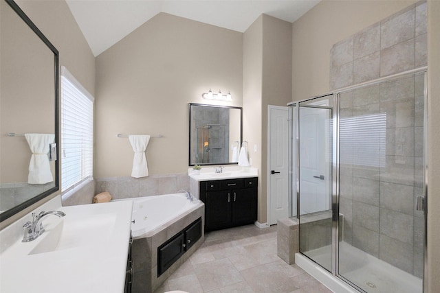 7518 Tejas Lakes Trl, Needville, TX 77461 - full bath with a shower stall, a whirlpool tub, two vanities, and vaulted ceiling