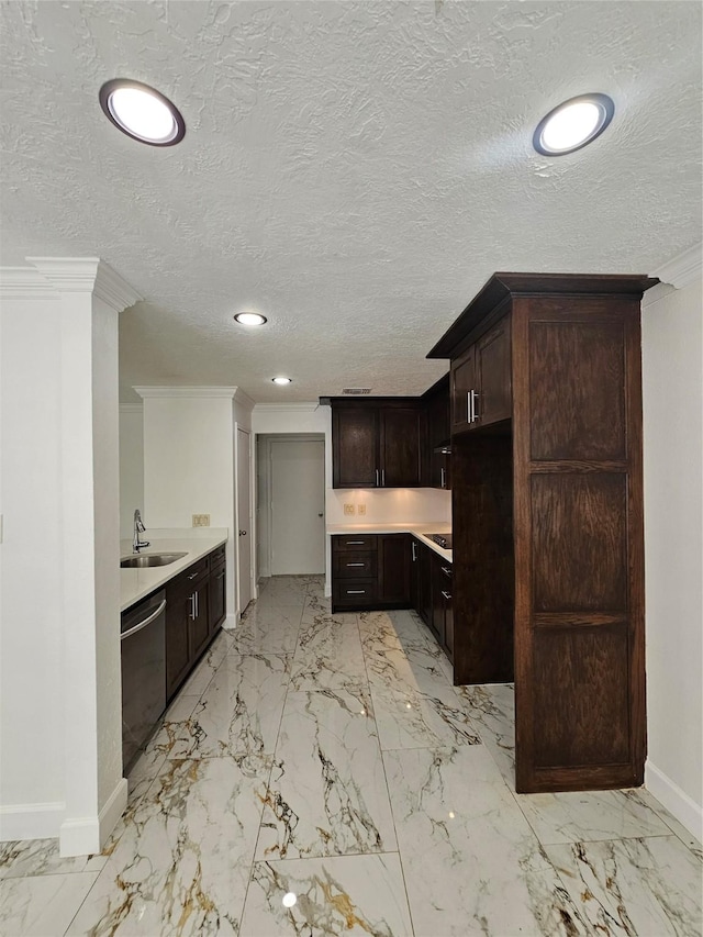 9207 Dairy View Ln, Houston, TX 77099 - kitchen featuring dishwasher, ornamental molding, light marble finish floors, light countertops, and dark brown cabinets