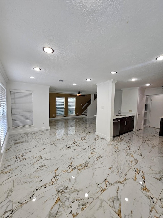9207 Dairy View Ln, Houston, TX 77099 - unfurnished living room featuring recessed lighting, a textured ceiling, stairway, and a ceiling fan