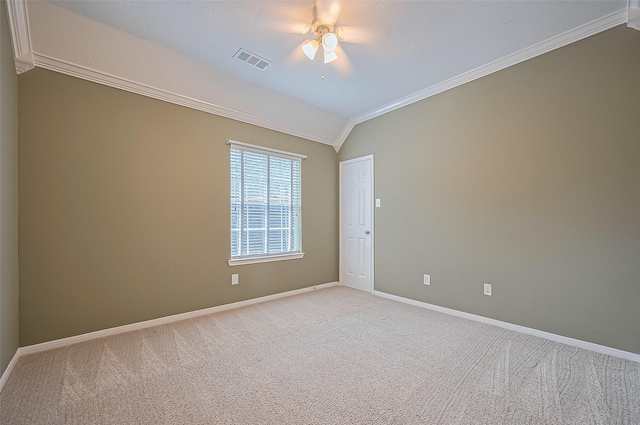 14610 Sandler Ct, Cypress, TX 77429 - empty room with vaulted ceiling, ornamental molding, ceiling fan, and light colored carpet