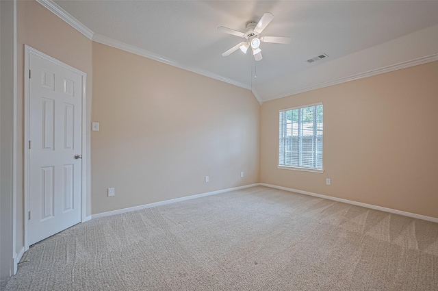 14610 Sandler Ct, Cypress, TX 77429 - spare room featuring crown molding, ceiling fan, light colored carpet, and vaulted ceiling