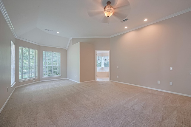 14610 Sandler Ct, Cypress, TX 77429 - spare room featuring ornamental molding, a ceiling fan, light carpet, vaulted ceiling, and recessed lighting
