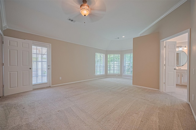 14610 Sandler Ct, Cypress, TX 77429 - spare room featuring light carpet, healthy amount of natural light, crown molding, and ceiling fan