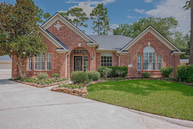 14610 Sandler Ct, Cypress, TX 77429 - view of front facade with brick siding, a front lawn, a chimney, and concrete driveway