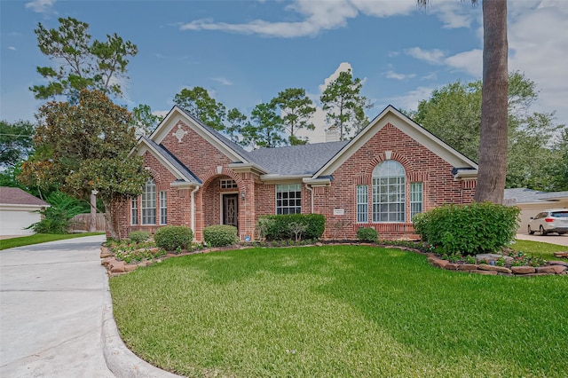 14610 Sandler Ct, Cypress, TX 77429 - view of front facade featuring brick siding, a front yard, concrete driveway, and a shingled roof