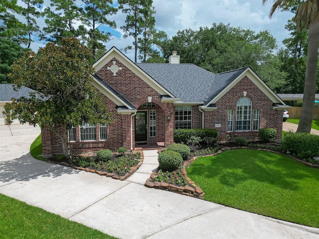 14610 Sandler Ct, Cypress, TX 77429 - view of front of property with brick siding, a front lawn, a chimney, concrete driveway, and roof with shingles