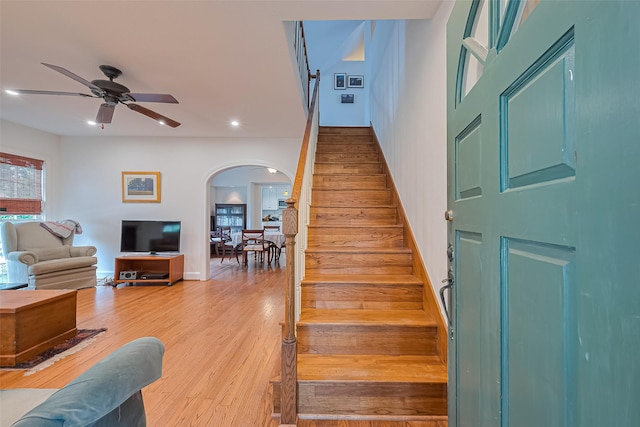 501 Gale St, Houston, TX 77009 - staircase with arched walkways, a ceiling fan, recessed lighting, and wood finished floors
