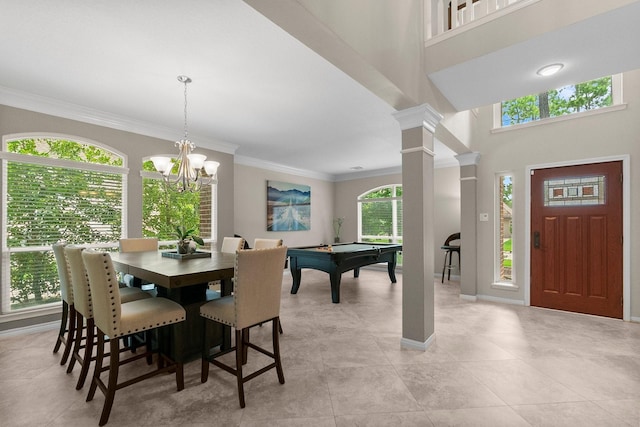 23 Sparklewood Pl, The Woodlands, TX 77381 - dining room featuring billiards table, ornamental molding, ornate columns, a chandelier, and light tile patterned floors
