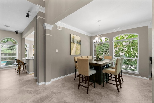 23 Sparklewood Pl, The Woodlands, TX 77381 - dining area featuring plenty of natural light, ornamental molding, a chandelier, and light tile patterned floors