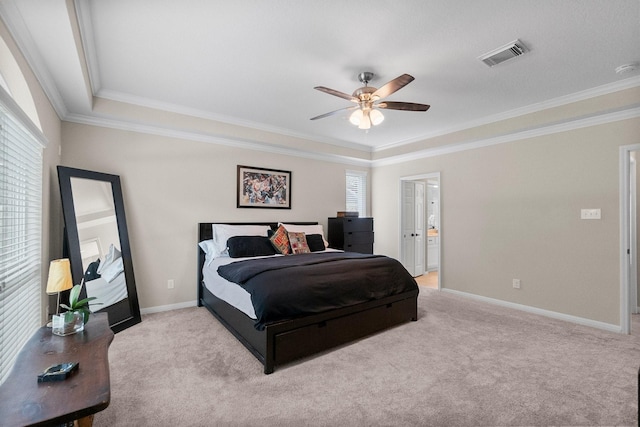 23 Sparklewood Pl, The Woodlands, TX 77381 - bedroom with carpet flooring, ornamental molding, ceiling fan, and connected bathroom