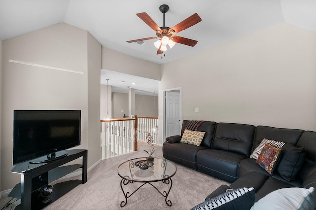 23 Sparklewood Pl, The Woodlands, TX 77381 - carpeted living area with ceiling fan and vaulted ceiling
