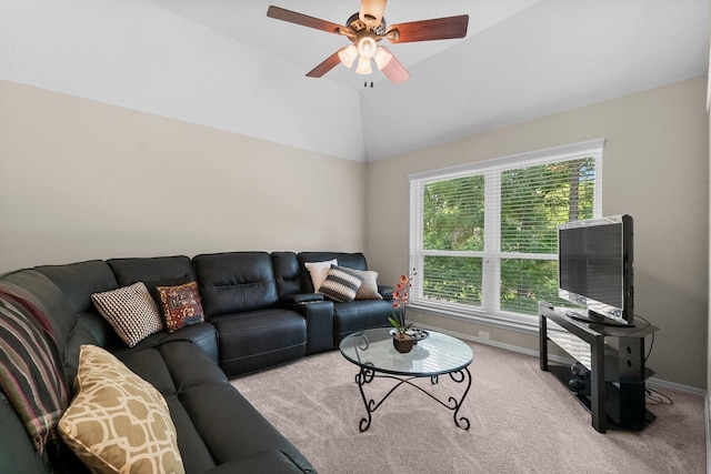 23 Sparklewood Pl, The Woodlands, TX 77381 - living area with carpet floors, a ceiling fan, and lofted ceiling