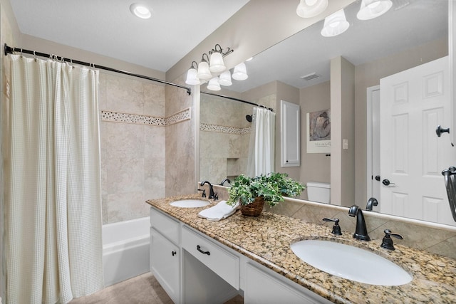 23 Sparklewood Pl, The Woodlands, TX 77381 - bathroom with shower / bathtub combination with curtain and double vanity