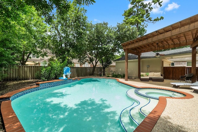 23 Sparklewood Pl, The Woodlands, TX 77381 - view of pool featuring ceiling fan, a fenced backyard, and an outdoor hangout area