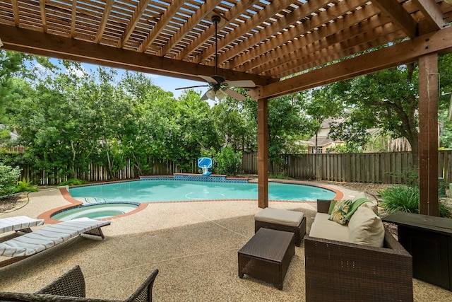 23 Sparklewood Pl, The Woodlands, TX 77381 - view of swimming pool with a fenced backyard, ceiling fan, a pergola, a patio area, and a pool with connected hot tub