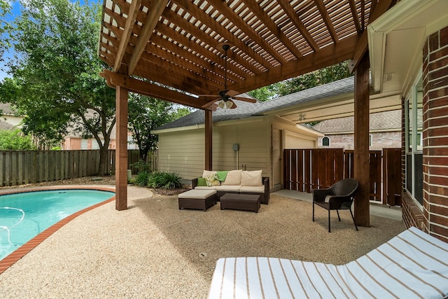 23 Sparklewood Pl, The Woodlands, TX 77381 - view of swimming pool with a fenced backyard, a pergola, a patio area, ceiling fan, and an outdoor living space