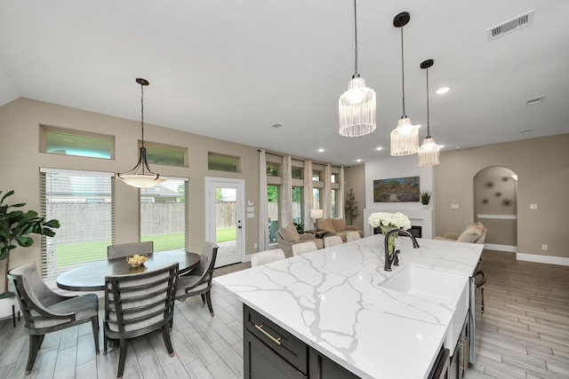 203 Pinedale Ave, Arcola, TX 77583 - kitchen with open floor plan, healthy amount of natural light, light wood finished floors, arched walkways, and lofted ceiling