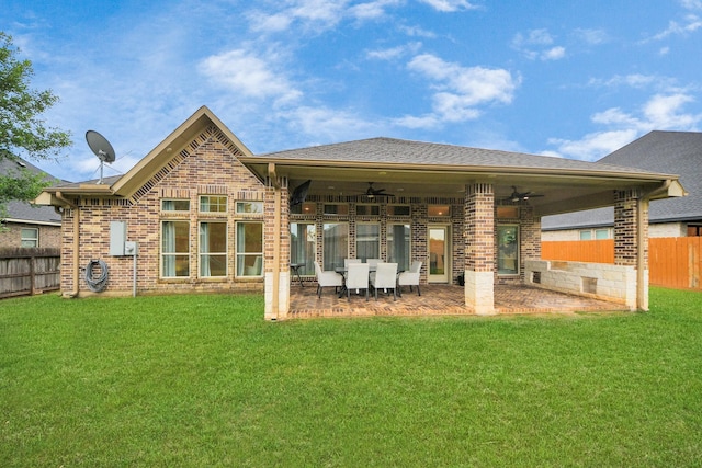 203 Pinedale Ave, Arcola, TX 77583 - rear view of house with a ceiling fan, brick siding, a fenced backyard, and a patio area