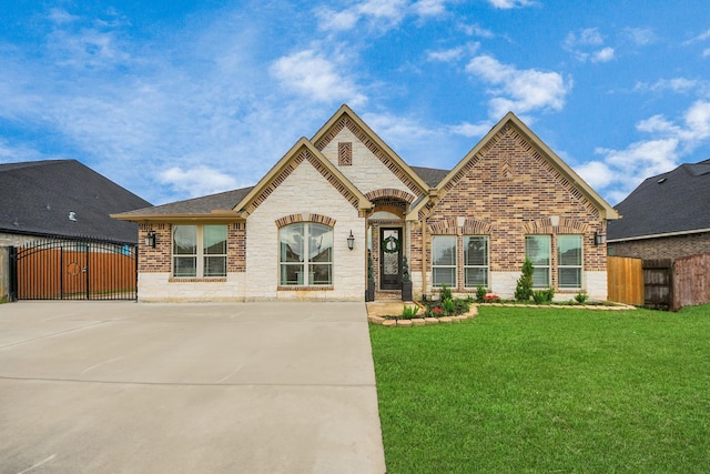 203 Pinedale Ave, Arcola, TX 77583 - french country home with brick siding, a gate, concrete driveway, and stone siding