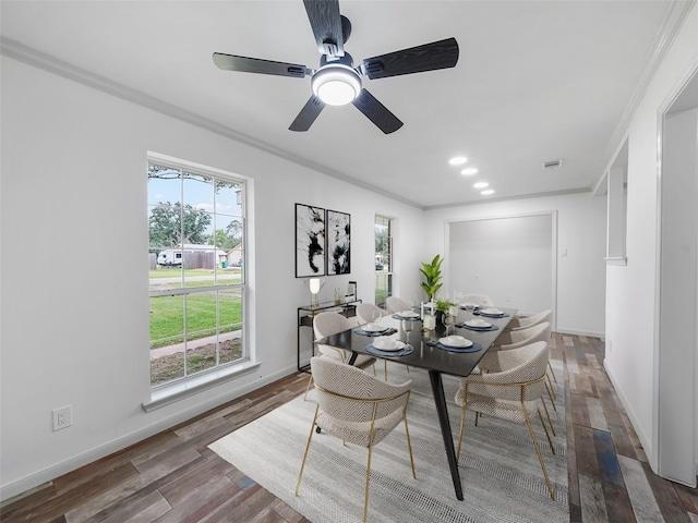 5010 Riverview Dr, Alvin, TX 77511 - dining area with wood finished floors, ornamental molding, recessed lighting, and ceiling fan