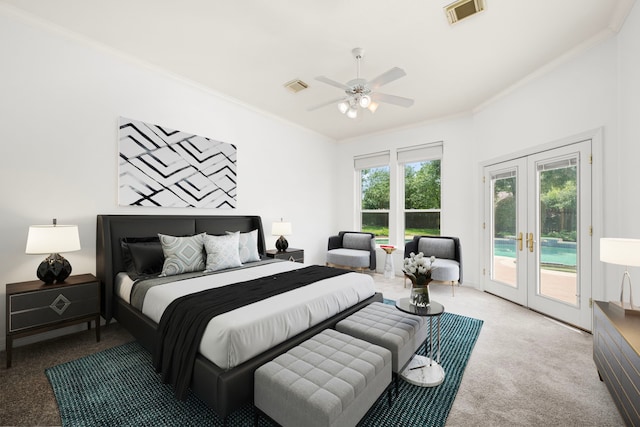 1922 Stormcroft Cir, Katy, TX 77450 - carpeted bedroom featuring french doors, crown molding, access to outside, and ceiling fan
