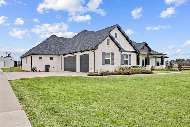 14923 Old Irish Farm Rd, Baytown, TX 77523 - view of front facade featuring driveway, a garage, a front yard, board and batten siding, and brick siding