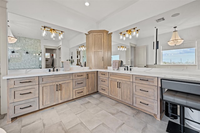 14923 Old Irish Farm Rd, Baytown, TX 77523 - full bathroom with double vanity, a shower stall, a chandelier, and recessed lighting