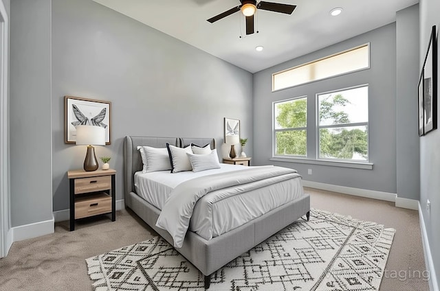 16362 Eastchase St, Montgomery, TX 77316 - carpeted bedroom with high vaulted ceiling, recessed lighting, and ceiling fan