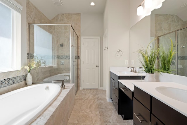 3426 Satton Ranch Ln, Fulshear, TX 77441 - full bathroom with double vanity, a bath, a stall shower, healthy amount of natural light, and recessed lighting