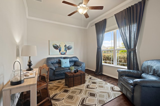 3426 Satton Ranch Ln, Fulshear, TX 77441 - living room featuring a ceiling fan, dark wood-style floors, and crown molding
