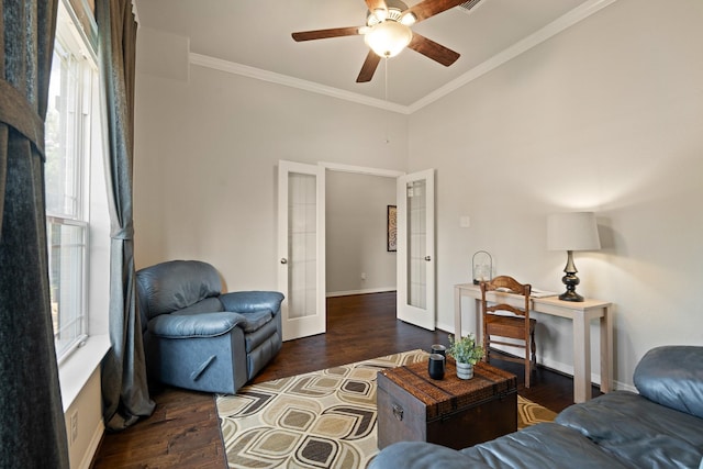 3426 Satton Ranch Ln, Fulshear, TX 77441 - living area with french doors, a ceiling fan, wood finished floors, and crown molding