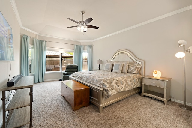 3426 Satton Ranch Ln, Fulshear, TX 77441 - carpeted bedroom with crown molding, a raised ceiling, and ceiling fan