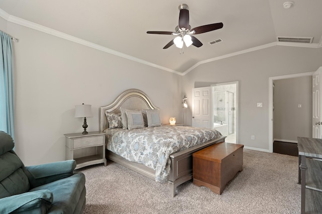 3426 Satton Ranch Ln, Fulshear, TX 77441 - bedroom with vaulted ceiling, crown molding, light colored carpet, connected bathroom, and ceiling fan